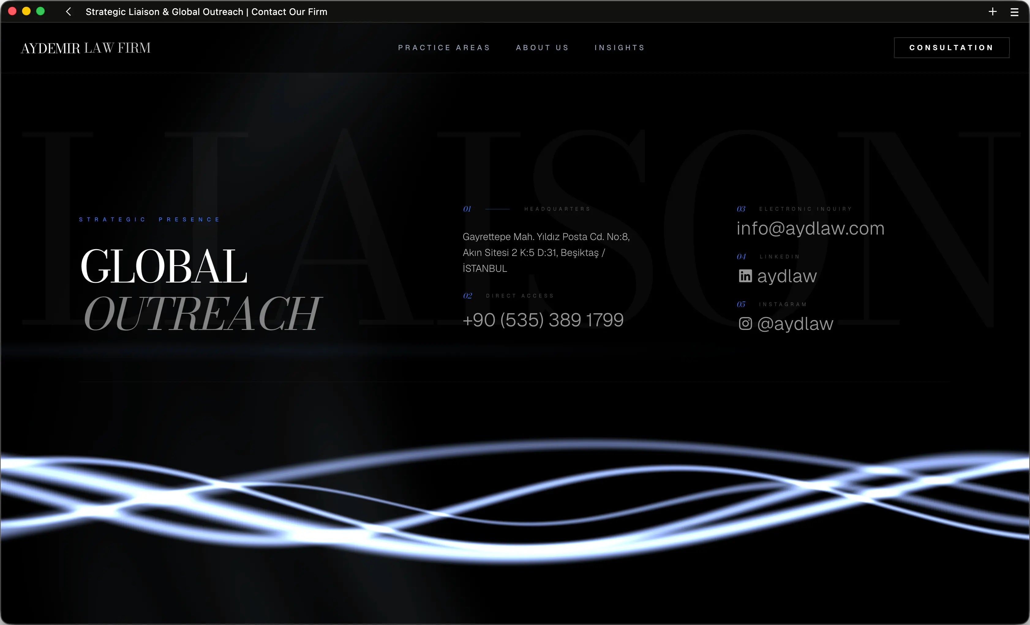 Contact page with WebGL waves background