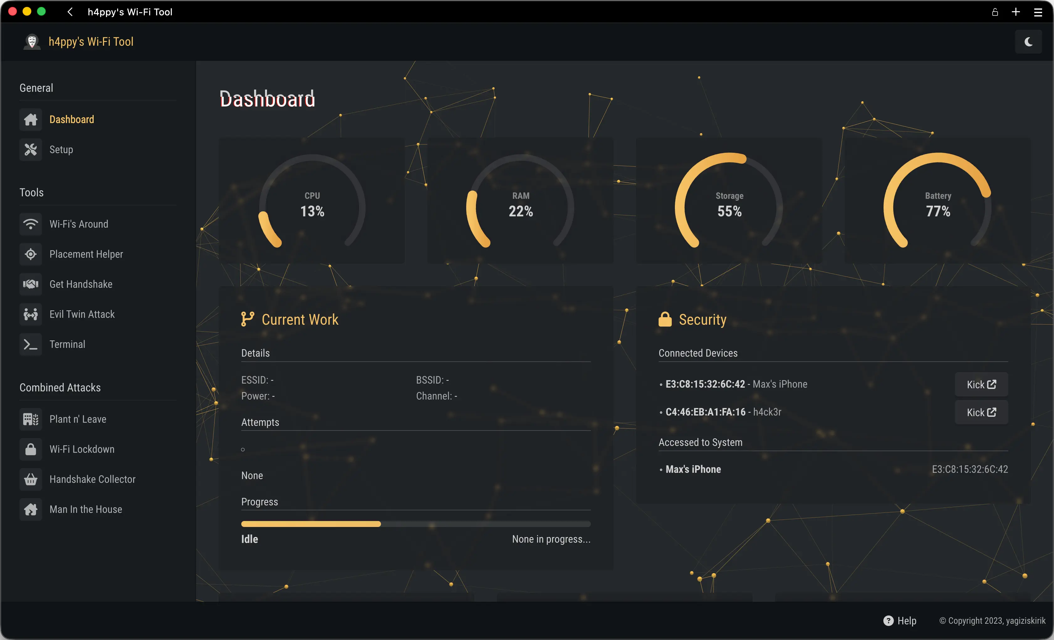 Main command dashboard featuring real-time system metrics and glitch typography