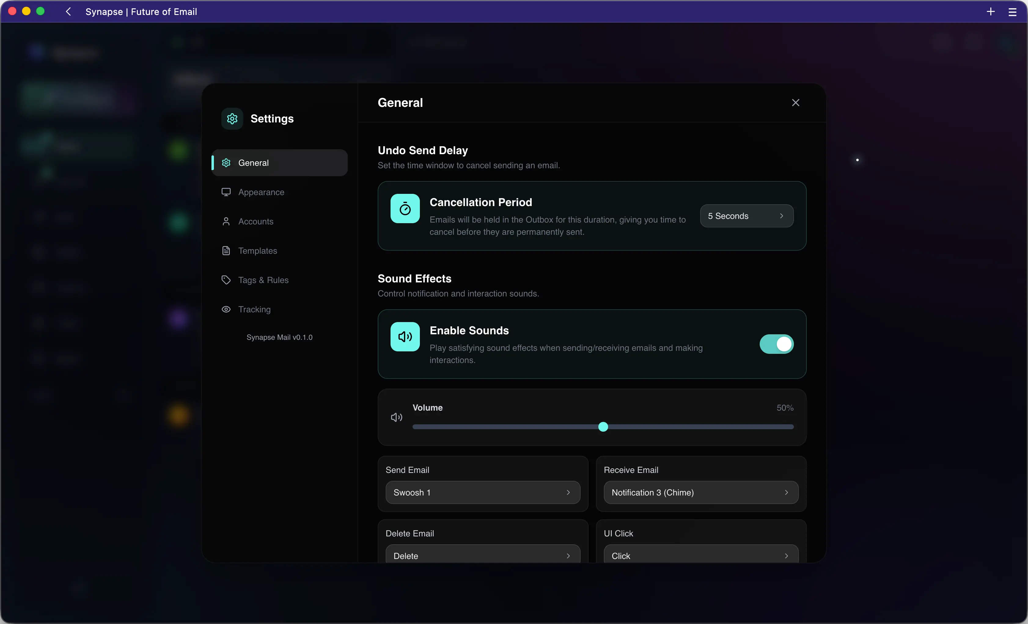 Settings screen of the Synapse Mail application.